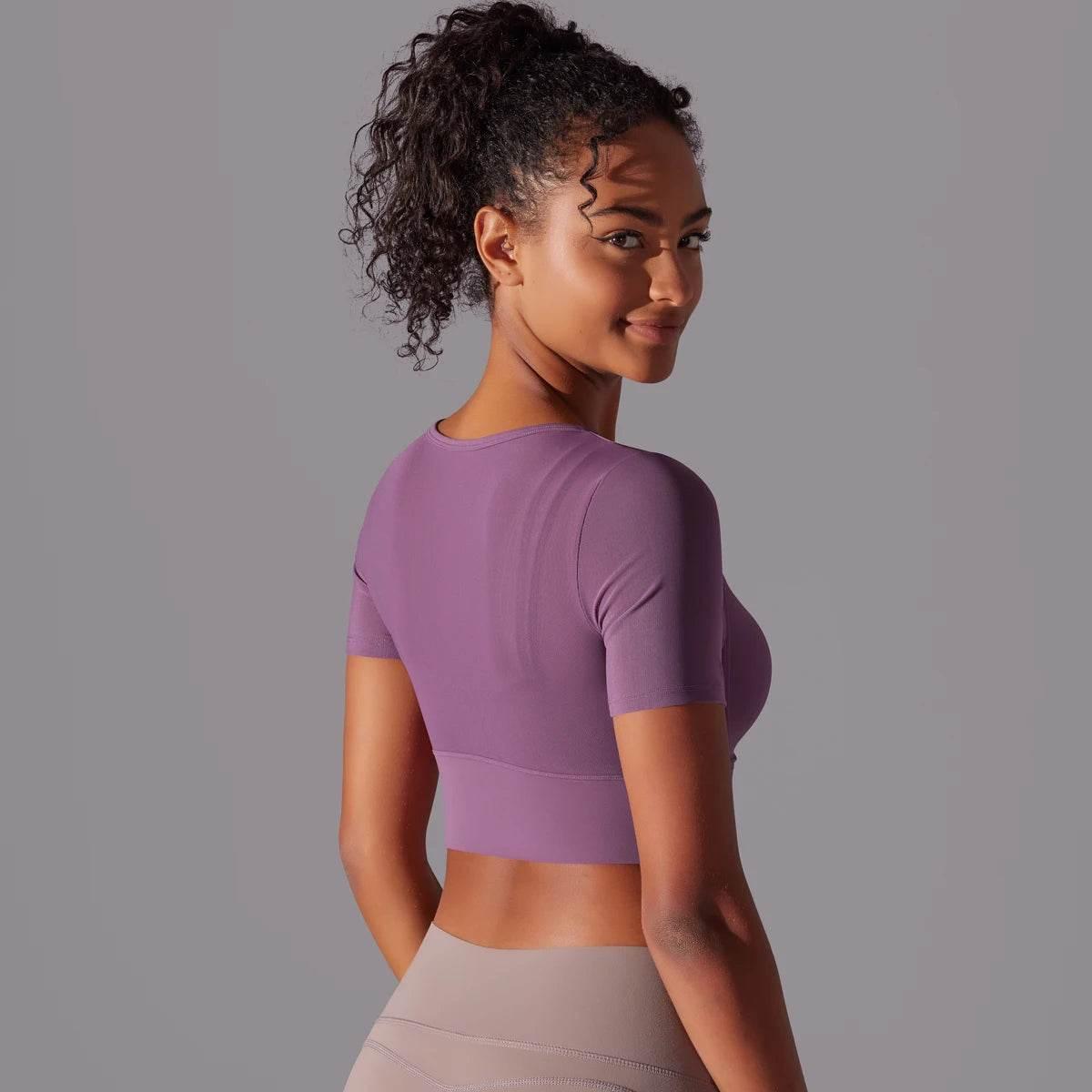 Solid Color Yoga Short Sleeve Sexy Double Layer Yoga Tank Top Spliced Mesh Yoga Clothing Top Fitness Running Sports Bra Women - Empire P.E