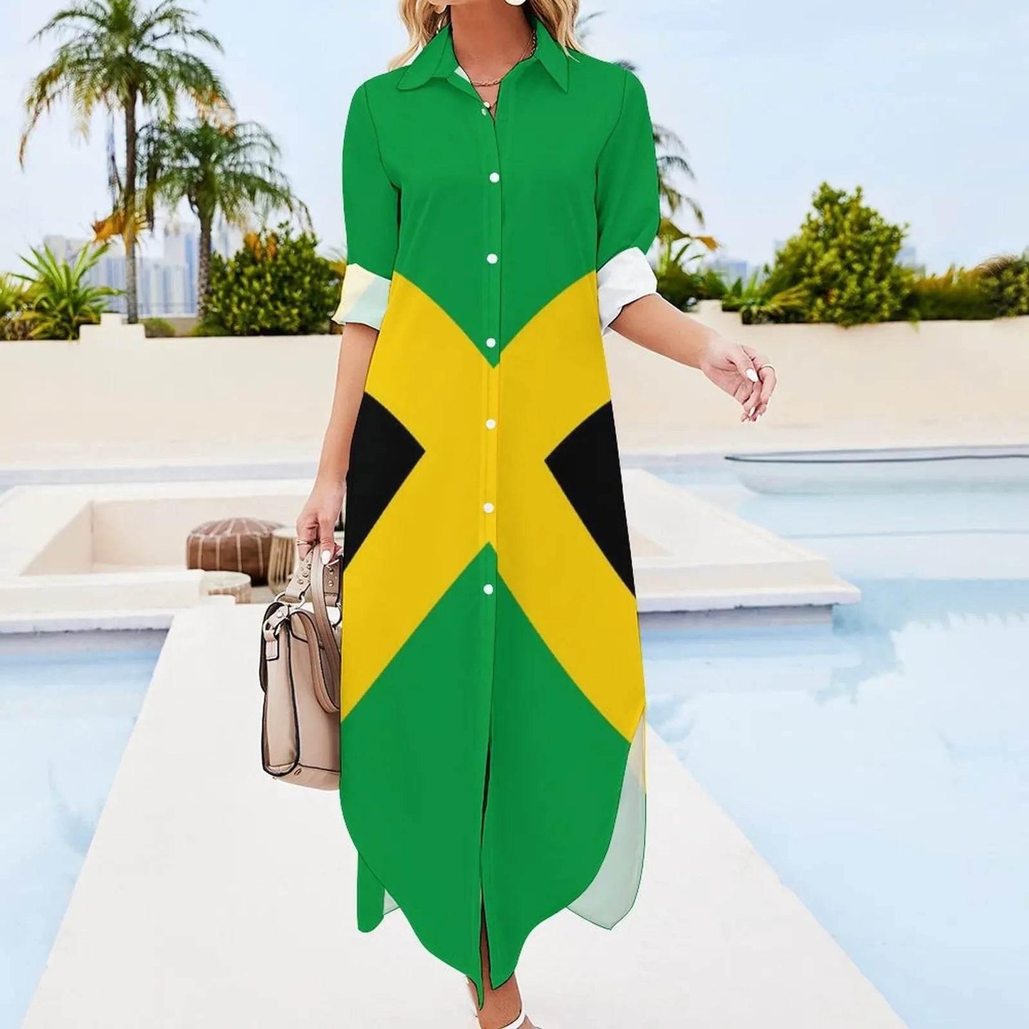 Patriotic Jamaica Flag Chiffon Dress Sexy V Neck Green Yellow Pretty Dresses Ladies Street Wear Casual Dress Gift - Empire P.E