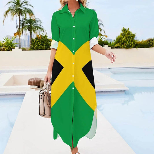 Patriotic Jamaica Flag Chiffon Dress Sexy V Neck Green Yellow Pretty Dresses Ladies Street Wear Casual Dress Gift - Empire P.E