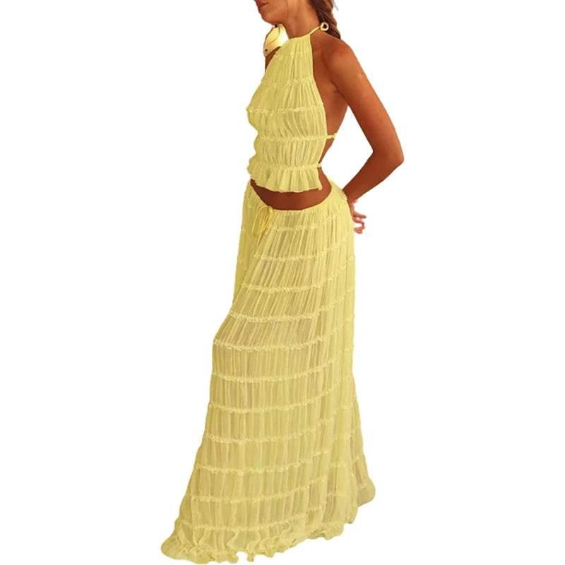 Women Boho Sexy Backless Matching Suit 2 Piece Beach Holiday Outfits Vintage Ruched Halter Cami Tops + Maxi Long Skirt Party - Empire P.E