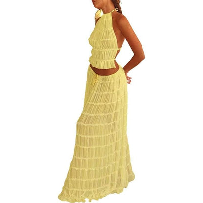 Women Boho Sexy Backless Matching Suit 2 Piece Beach Holiday Outfits Vintage Ruched Halter Cami Tops + Maxi Long Skirt Party - Empire P.E