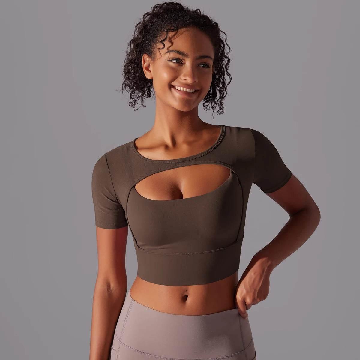 Solid Color Yoga Short Sleeve Sexy Double Layer Yoga Tank Top Spliced Mesh Yoga Clothing Top Fitness Running Sports Bra Women - Empire P.E