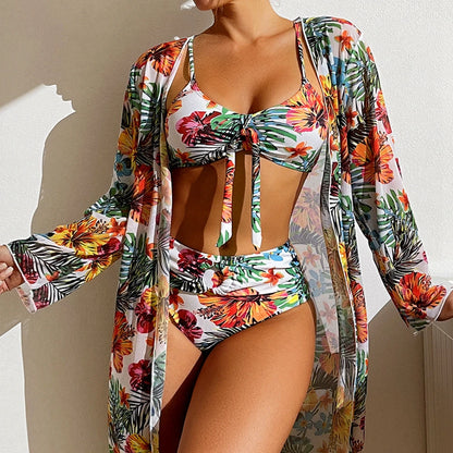 2025 Women's Sexy High Waist Bikini 3 Pieces Floral Print Swimsuit