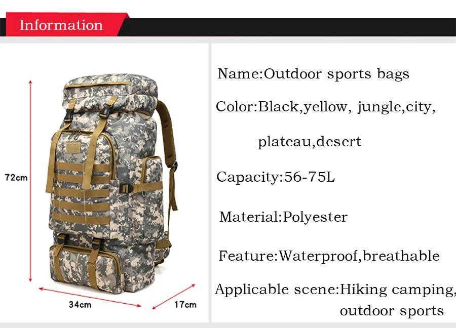 80L Waterproof Molle Camo Tactical Backpack Military Army Hiking Camping Backpack Travel Rucksack Outdoor Sports Climbing Bag - Empire P.E