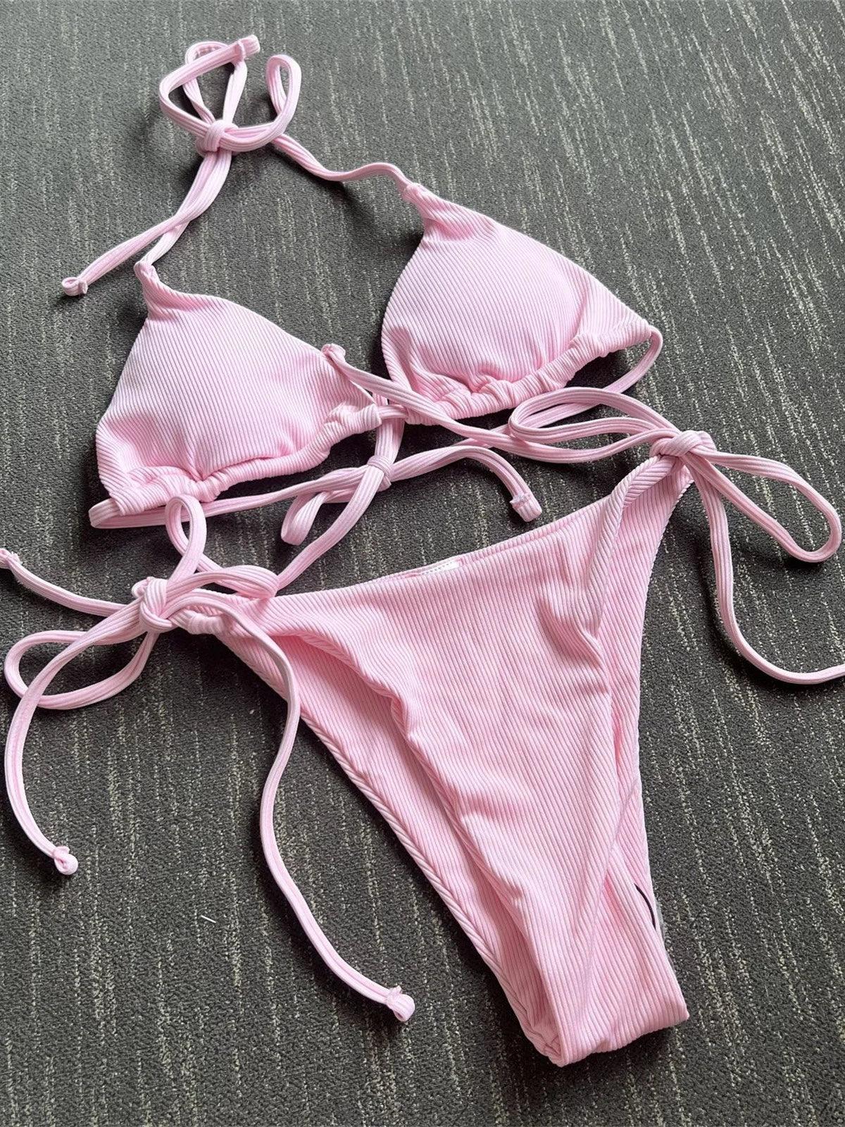Women Solid Halter Push Up Bra Tie Side Triangle Swimsuit - Empire P.E