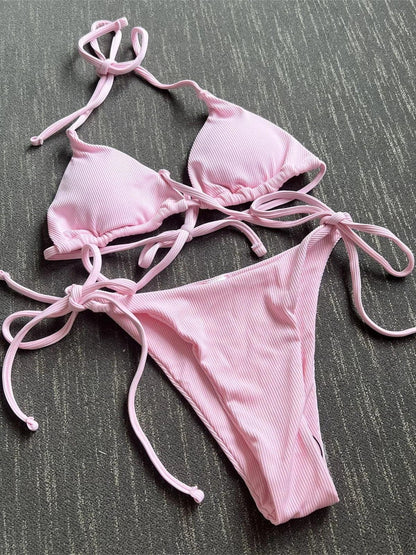 Women Solid Halter Push Up Bra Tie Side Triangle Swimsuit - Empire P.E