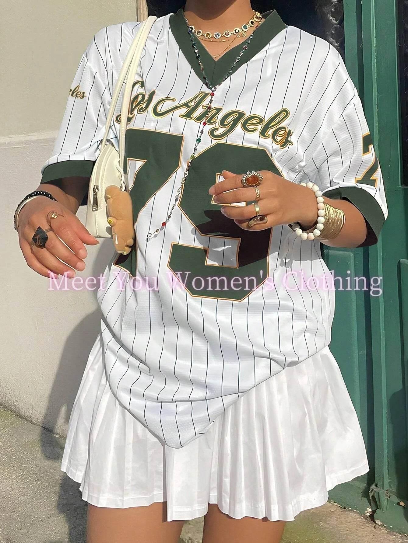 Women Los Angeles Number 79 Print V-Neck Short Sleeve T-Shirt Summer Graphic Tee Baseball Jerseys Stripe Oversized Sport T-Shirt - Empire P.E