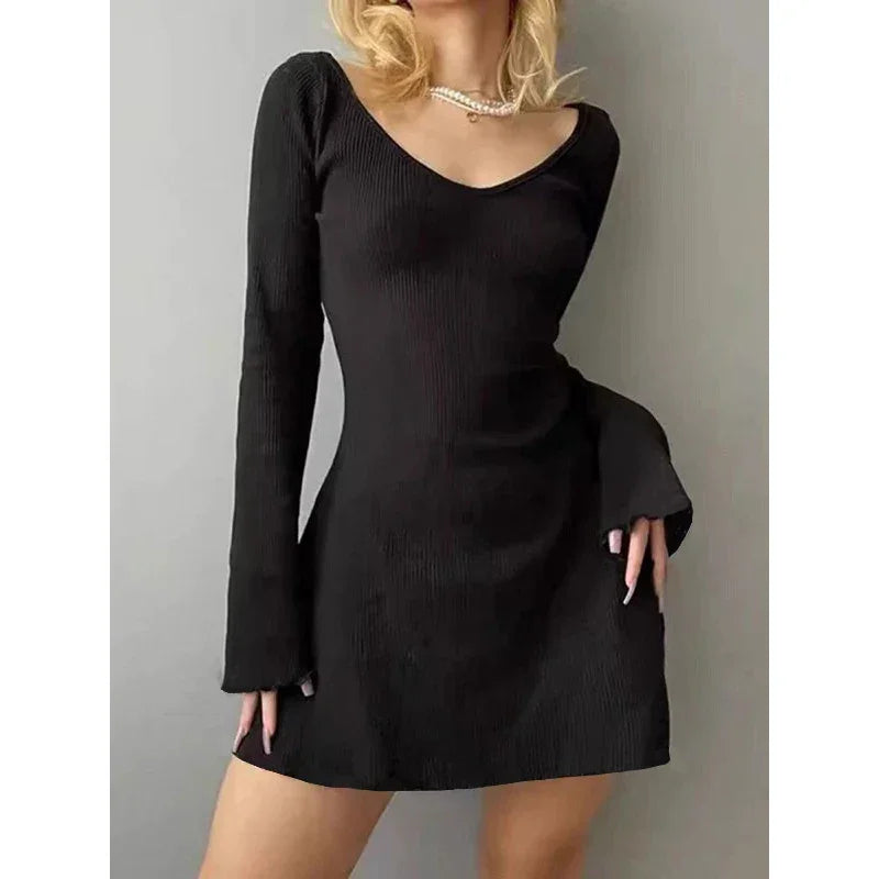Elegant And Pretty Women Dresses Autumn Winter New Black Sexy Short Dress Female V Neck Long Sleeve Slim Solid Color Mini Dress - Empire P.E