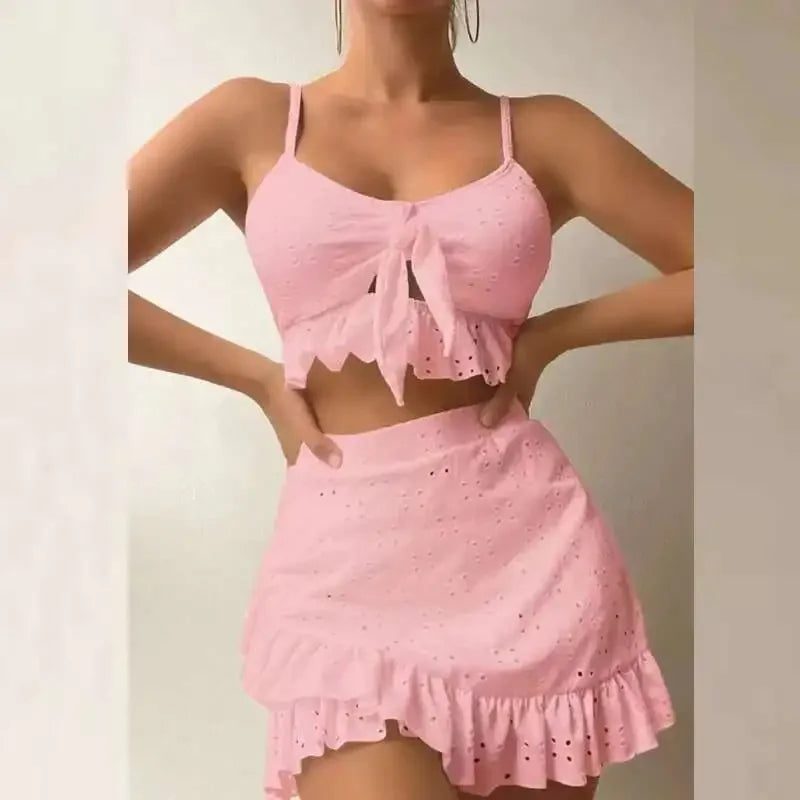 2025 New Solid Lace Sexy Three Piece Bikini Swimsuit