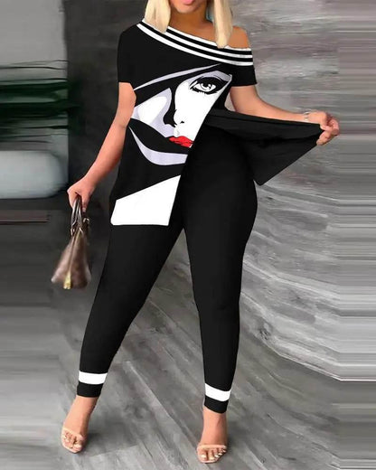 Elegant Women Two Piece Set Suits New Fashion Printed Ruffle Sleeve Top Solid Color Pants Set With Belt Blouses Female Clothing - Empire P.E