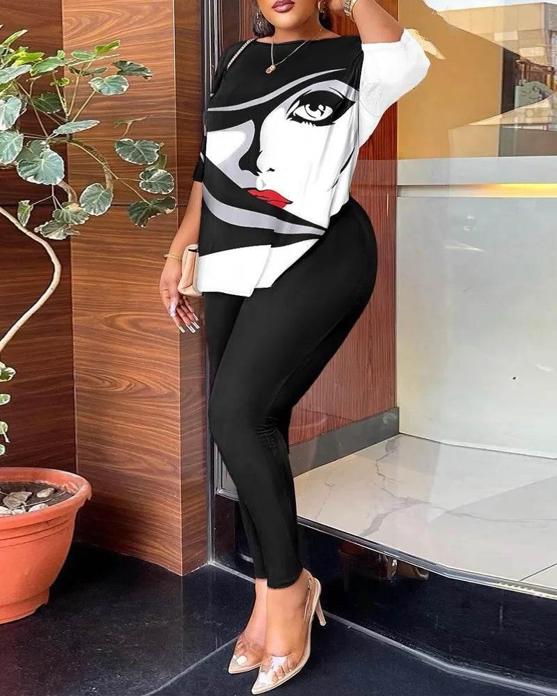 Autumn Women's New Fashion Printed Suit Round Neck Sexy Backless Quarter-sleeved Trousers Casual And Comfortable Two-piece Set - Empire P.E
