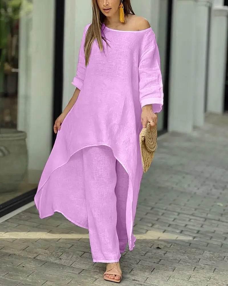 Women's Cotton Linen Long Pants Sets Fashion Solid Casual Irregular Tops Wide Leg Pant Suits Office Lady Two Piece Sets Clothes - Empire P.E