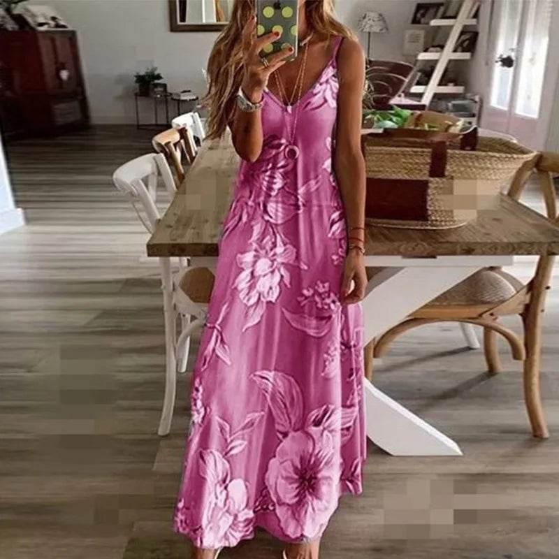 Woman Summer Long Dress Sling New Milk Silk Slim Floral Flowers Print Sleeveless V Neck Maxi Dresses Clothing Vestidos YRW6820 - Empire P.E