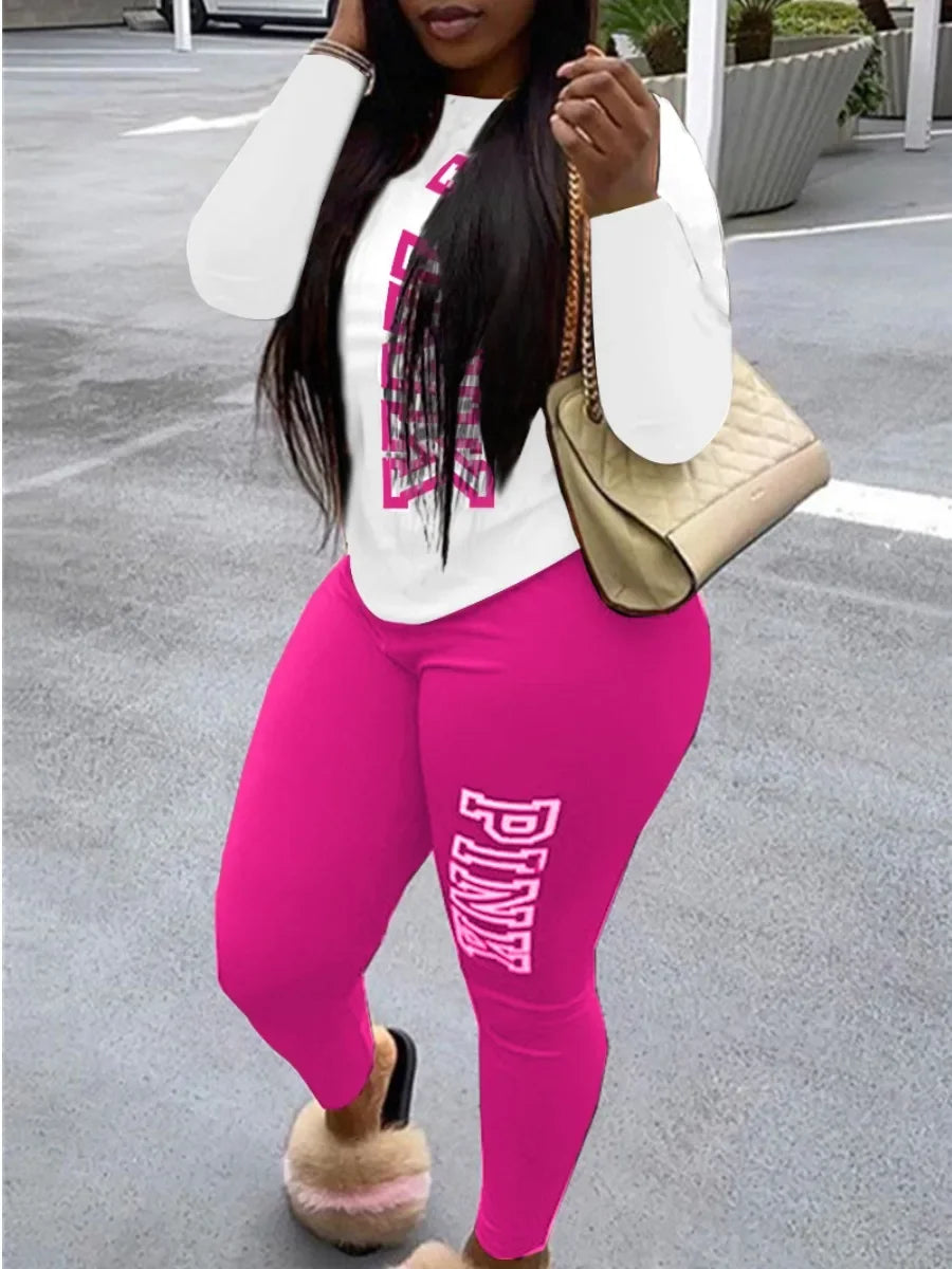 LW Fashion Women Autumn&Winter Pink Letter Print Hoodies 2 Pieces Set - Empire P.E