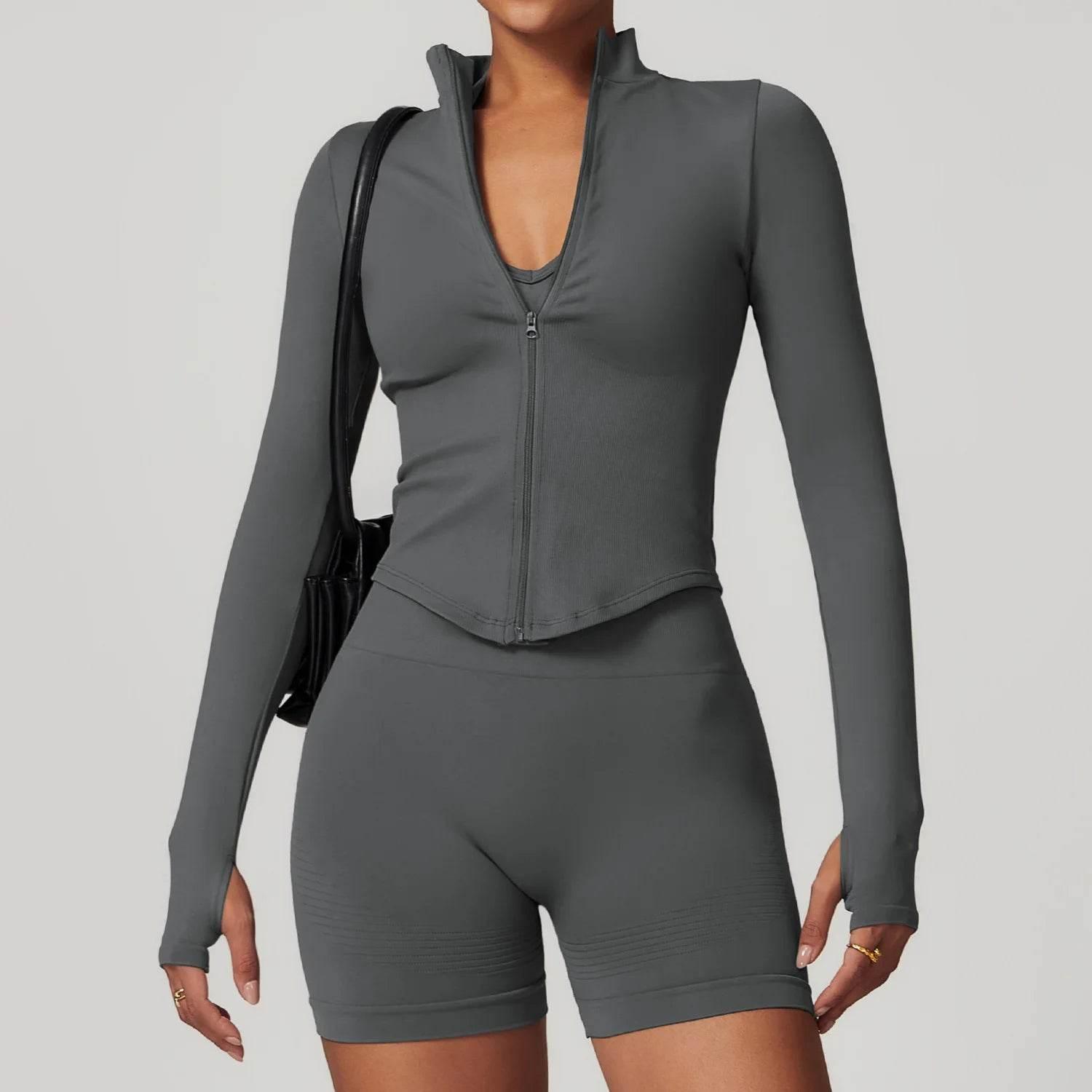 Women Seamless Zipper Jacket Yoga Long Sleeved Gym Top Ribbed Yoga Stand Collar Jacket Running Workout Sport Coat Women's Shirts - Empire P.E