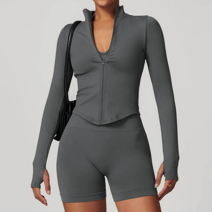 Women Seamless Zipper Jacket Yoga Long Sleeved Gym Top Ribbed Yoga Stand Collar Jacket Running Workout Sport Coat Women's Shirts - Empire P.E