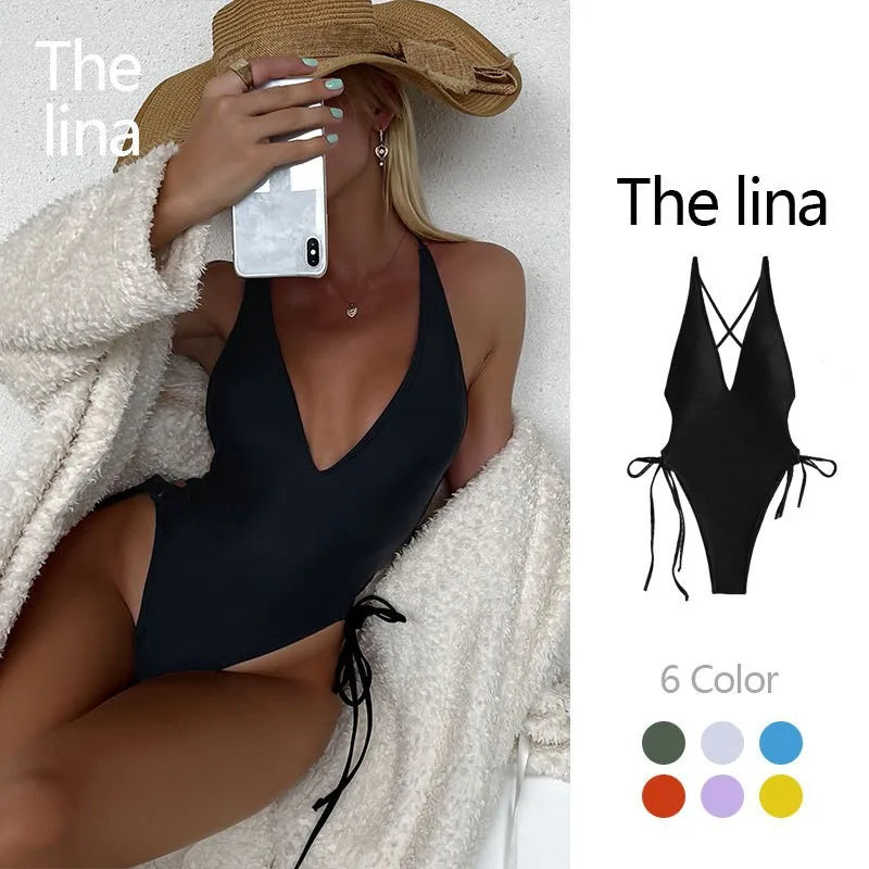 2025 Summer Solid Sexy Plunging 1 Pcs Swimsuit