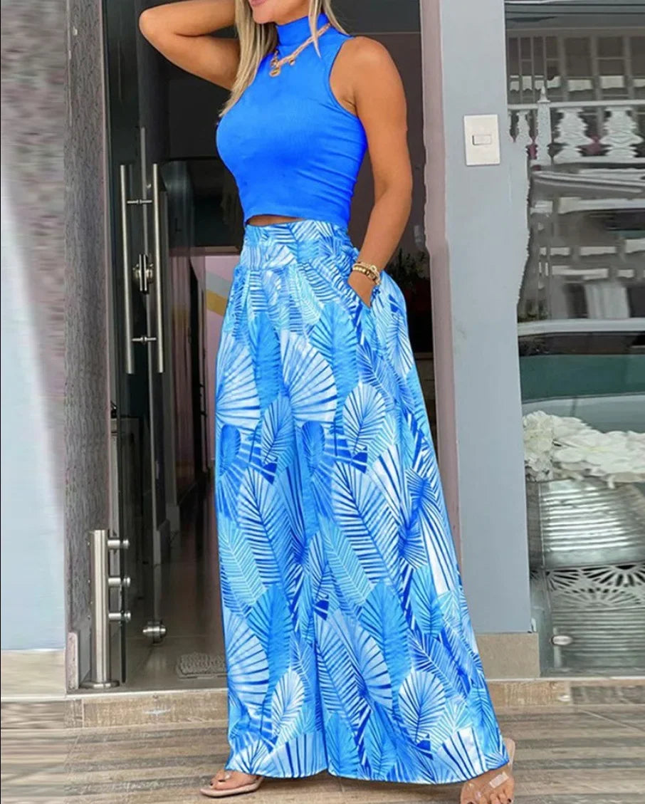 Fashionable Printed Wide-leg Trousers Two-piece Suit - Empire P.E