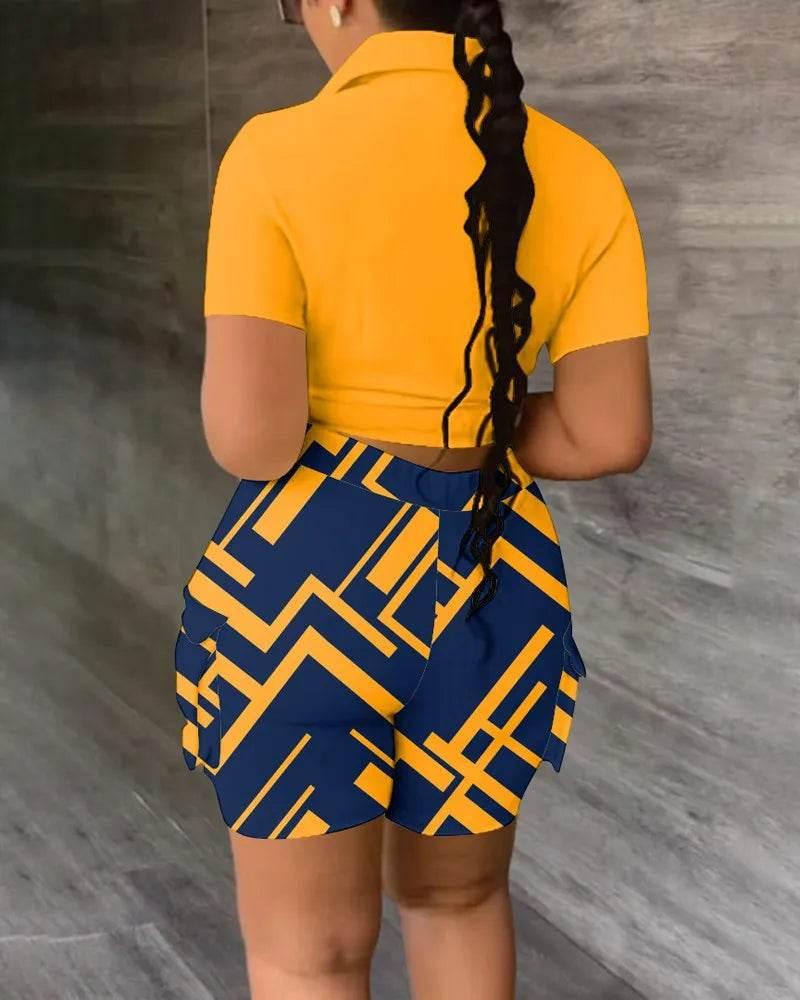 Pant Sets Women Printed Short Sleeved Shirt, 2-piece Suit With Pockets, Shoelace Top, Shorts, Thin Handbag, Summer - Empire P.E