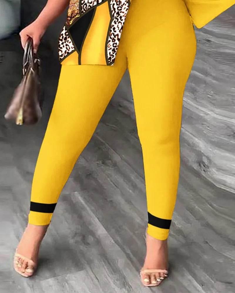 Elegant Women Two Piece Set Suits New Fashion Printed Ruffle Sleeve Top Solid Color Pants Set With Belt Blouses Female Clothing - Empire P.E