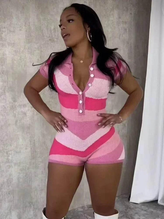 Laxsesu Irregular Contrast Romper Women Knit Stretch Polo Neck Single-Breasted Shorts Sleeve Skinny Slim Playsuits Streetwear - Empire P.E