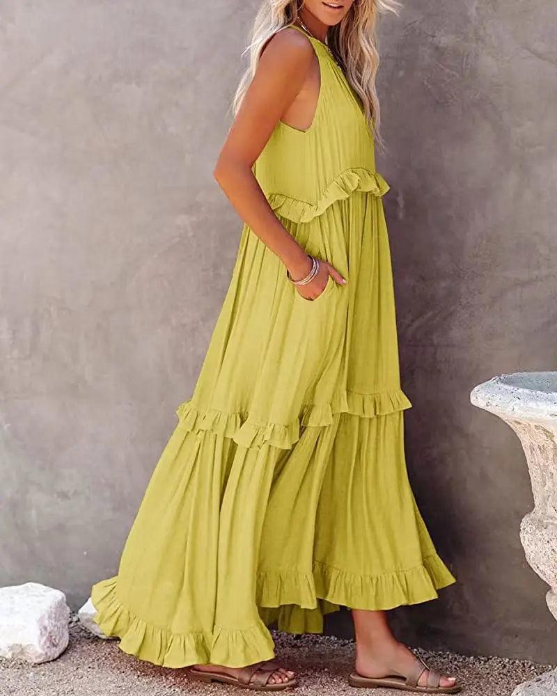 Women Casual Solid Ruffles Long Dress - Empire P.E
