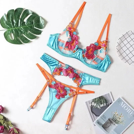 Women Floral Lace Garter Lingerie Set - Empire P.E