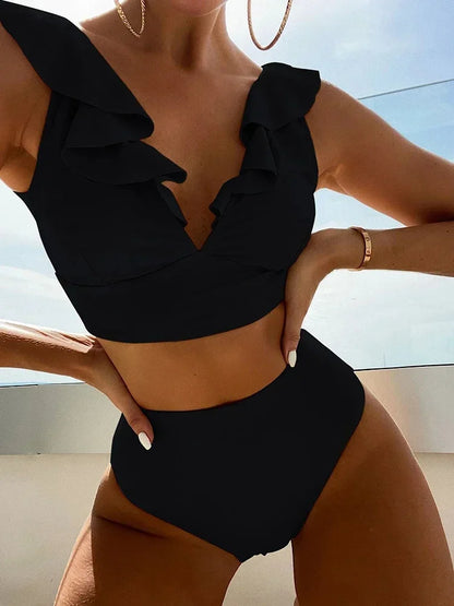 Riseado High Waist Bikinis Set Ruffle Shoulder Sexy Plunging Swimwear Women Bathing Suit Summer Beachwear - Empire P.E