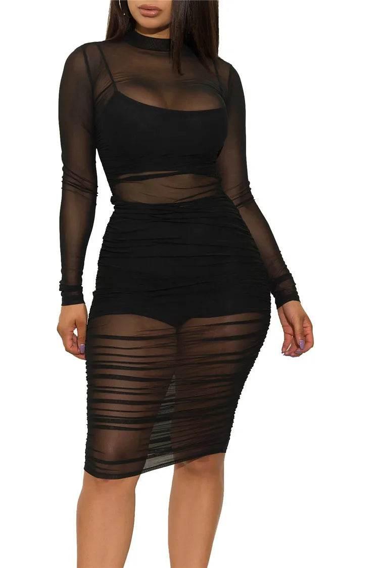 Women Mesh See Through 3 Piece Set Bodycon Ruched Cover Up Midi Dress+Camis+Shorts 3 Pieces Suits Sexy Night Club Party Outfits - Empire P.E