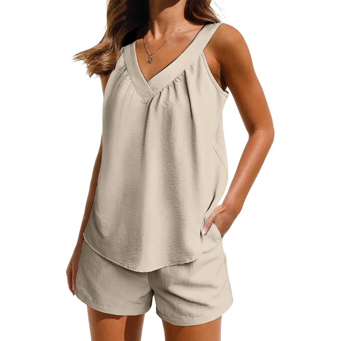 Women'S Summer Casual Suit New Urban Casual Women'S Solid Color Sleeveless Vest Elastic Shorts Home Clothes Two-Piece Set - Empire P.E
