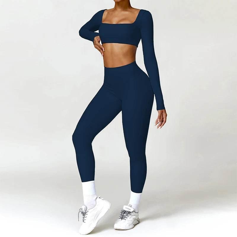 Hearuisavy 2PCS Long Sleeve Gym Set Women Yoga Clothes Quick-Drying Sportswear Running Leggings Workout Sports Crop Top Women - Empire P.E