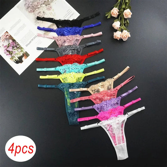 Sexy G String 4 Pcs Mix Adjustable Hollow Out Lace Thongs for Women - Empire P.E