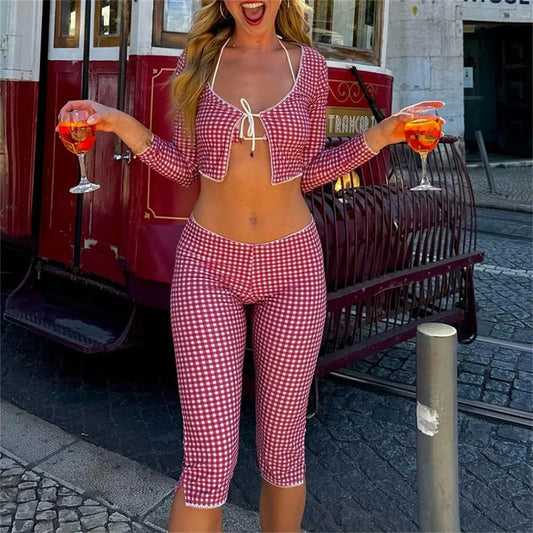 Plaid Outfits Long Sleeve Tie Front Crop Tops + Low Waist Capris Pants Set