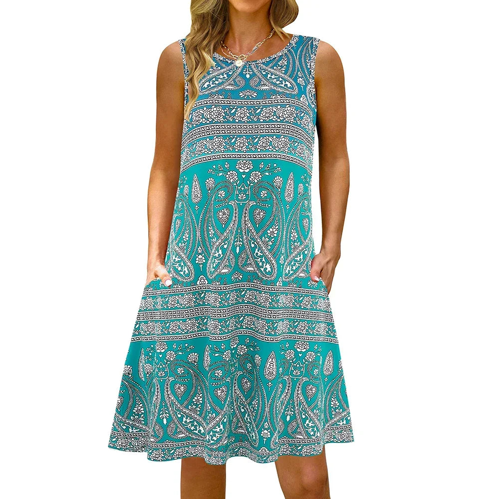 S-5Xl Colorful Printed O Neck Long Dress - Empire P.E