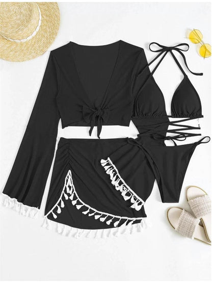 Sexy 4 Pieces Halter Bikinis Women Solid Swimwear Female Cover Up Swimsuit Long Sleeve And Skirt Bathing Suit Beachwear Summer - Empire P.E