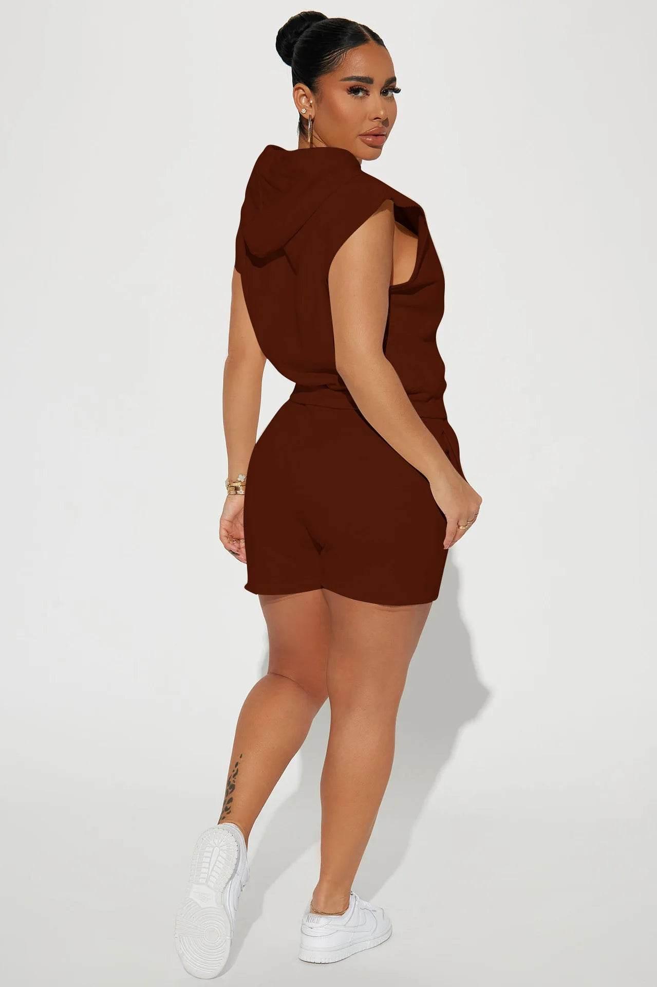 Summer 2024 Women's New Sexy Sleeveless Fashion Casual Sports Short Sleeved Hooded 3/4 Shorts Two Piece Set For Women - Empire P.E