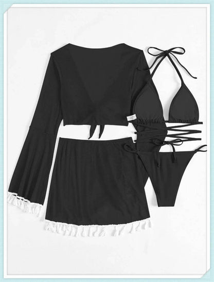 Sexy 4 Pieces Halter Bikinis Women Solid Swimwear Female Cover Up Swimsuit Long Sleeve And Skirt Bathing Suit Beachwear Summer - Empire P.E