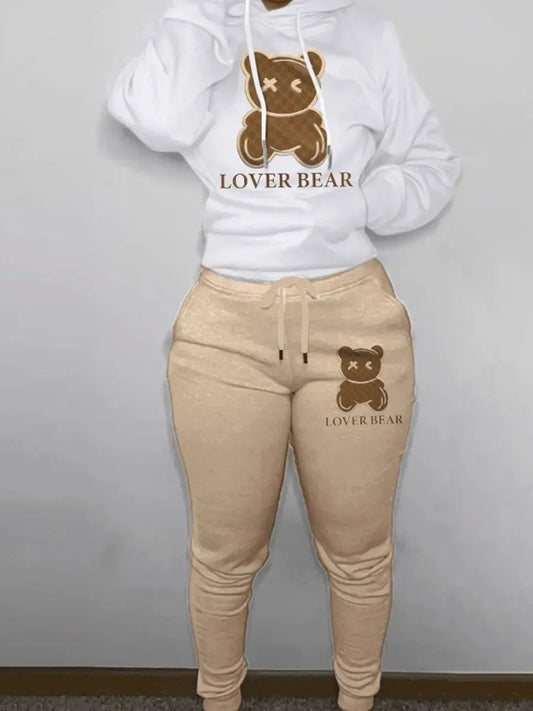plus size cartoon bear print hooded sweater+woolen pants set
