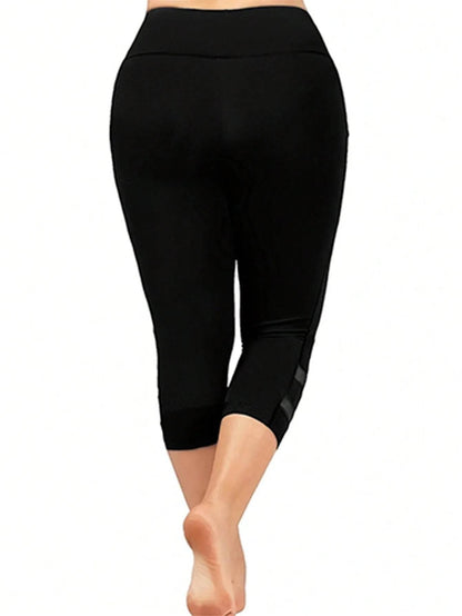 Plus Size Casual Leggings, Women's Plus Plain High Rise Contrast Mesh Capri Leggings - Empire P.E