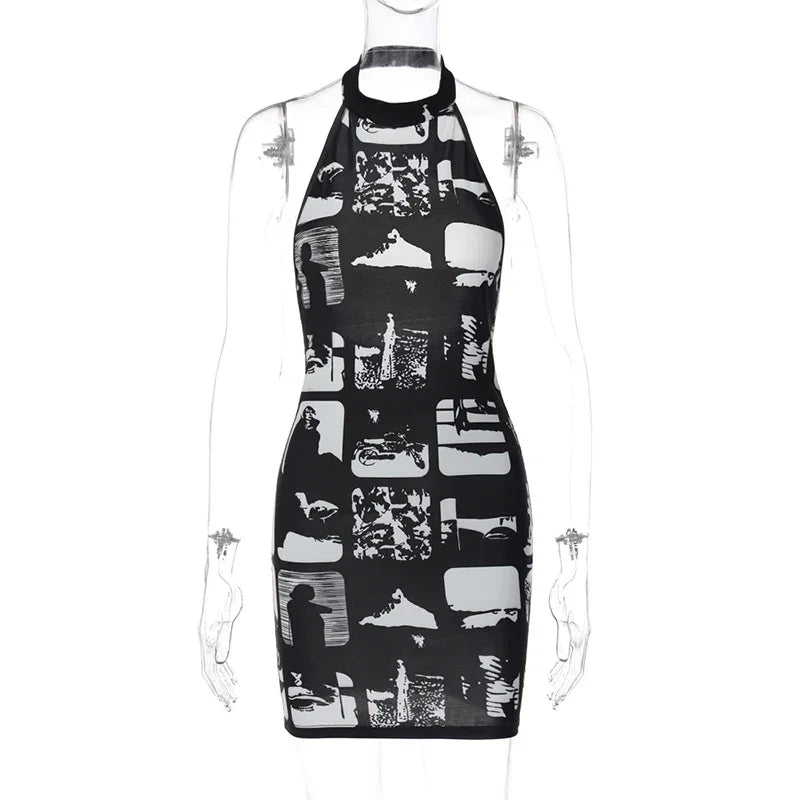 Hugcitar Vintage Print Halter Sleeveless Backless Sexy Slim Bodycon Mini Dress 2023 Summer Y2K Outfit Streetwear Nightclub Biker - Empire P.E
