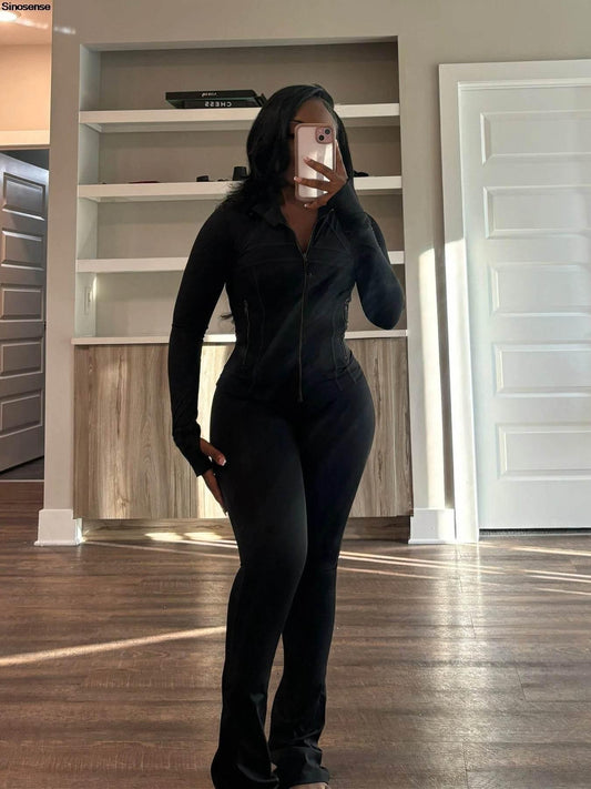 Women 2 Two Piece Outfits Casual Sports Workout Sets Bodycon Tracksuit Long Sleeve Zip Up Jacket Jogger Matching Sweat Pants Set - Empire P.E