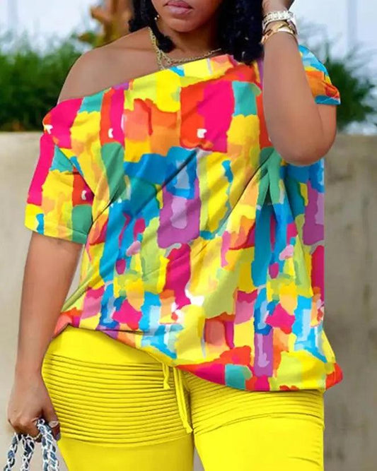 Womens Two Piece Sets Outfit Melting Colors All Over Print Skew Neck Top & Shorts Set New Fashion 2023 Summer Casual Female Suit - Empire P.E