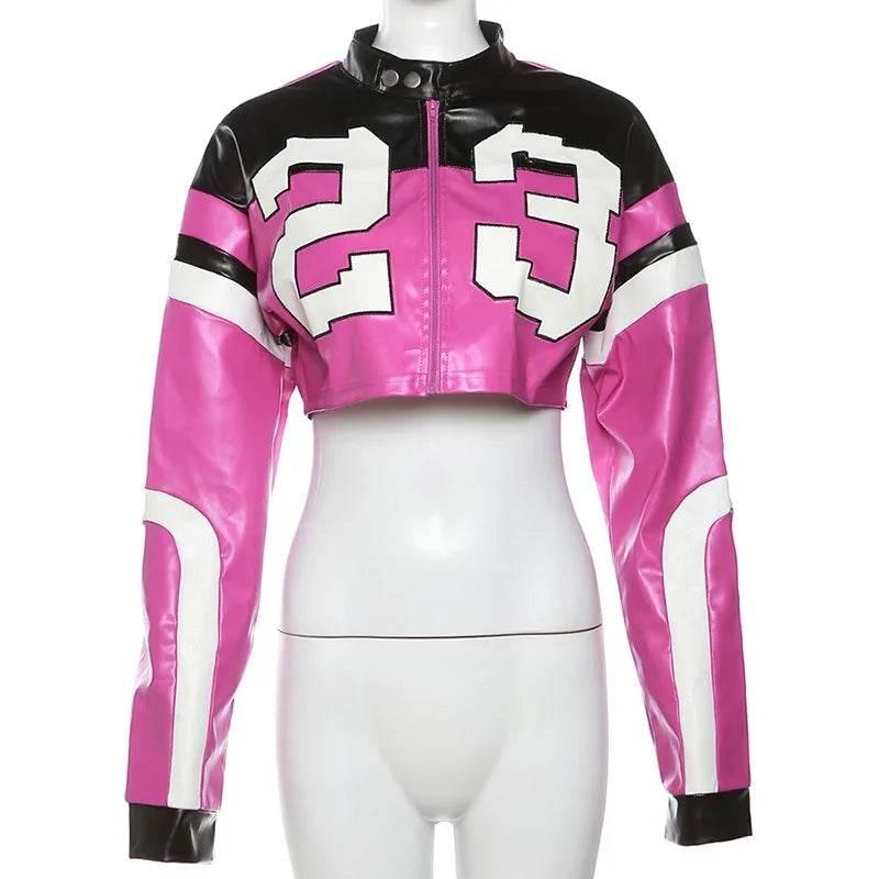 Streetwear Fashion Women Faux Leather New Jacket Letter Print Autumn Casual Sporty Wild Streetwear Uniform Trend Lady Crop Coat - Empire P.E