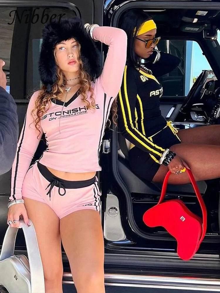 Nibber Women Tracksuit 2 Piece Set Stroke Tight Hipster Letter Print Sporty Casual Crop Tops+Shorts Vitality Matching Outfits - Empire P.E
