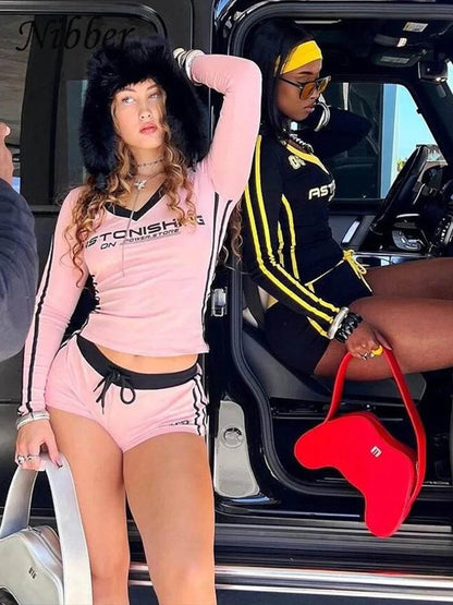 Nibber Women Tracksuit 2 Piece Set Stroke Tight Hipster Letter Print Sporty Casual Crop Tops+Shorts Vitality Matching Outfits - Empire P.E