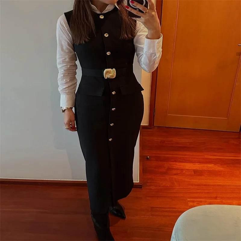 Black Long Dress Women With Belt Elegant Slim Single Breasted Sleeveless Front Split Dresses Female 2025 New Summer Lady Vestido - Empire P.E