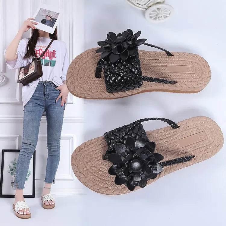 Slippers Women Ombre Floral Pattern Braided Casual Shoes Vacation Flat Holographic Braided Floral Pattern Toe Beach Flip Flops - Empire P.E