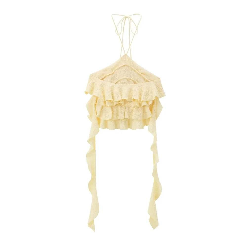 Textured halter crop top with ruffles Women's short yellow sleeveless top with sexy streamers for summer 2024 traf - Empire P.E