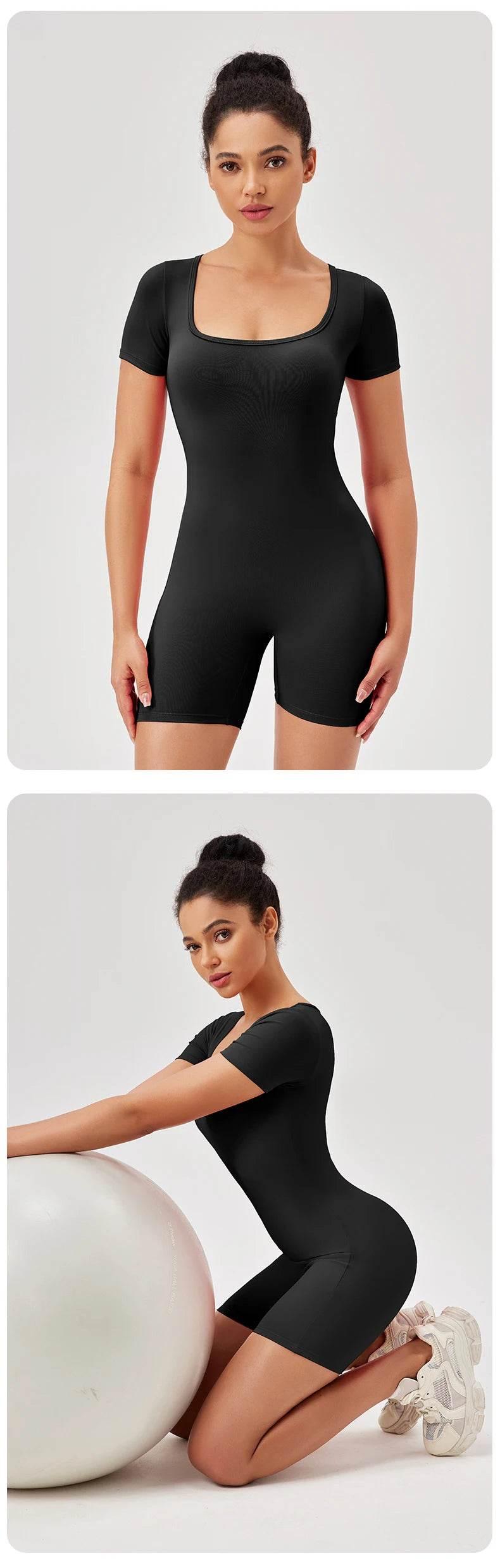 Fashion Women Yoga Suit Short Sleeve Gym Sports Jumpsuit Solid Color Workout Yoga Bodysuit Square Neck Yoga Set Sportswear - Empire P.E