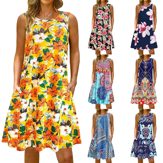 S-5Xl Colorful Printed O Neck Long Dress - Empire P.E